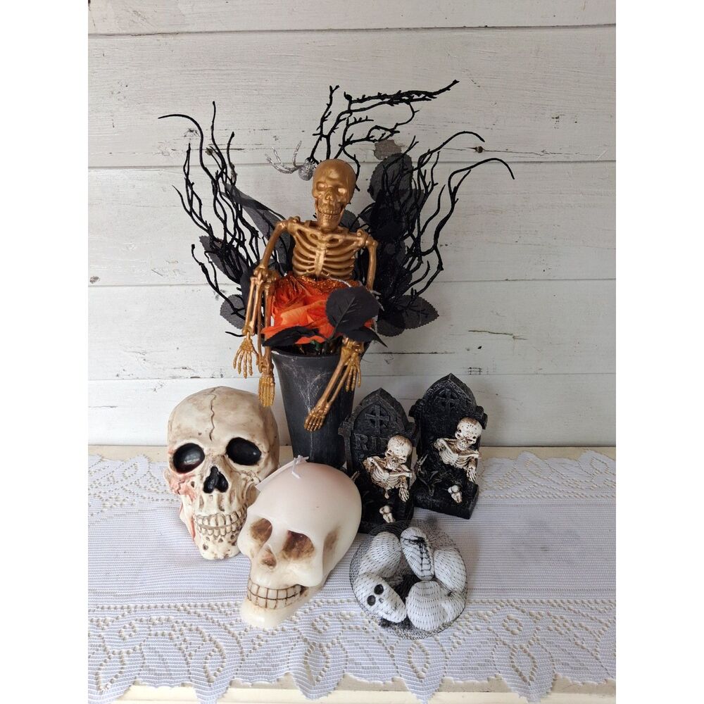 Halloween Skull Skeleton Decor Lot 6 Pieces
